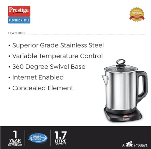 Prestige Smart-1.7 IOT Enabled Electric Kettle with Concealed Element 1.7L, 1500W, Silver Variable Temperature Control Through WiFi - Image 4